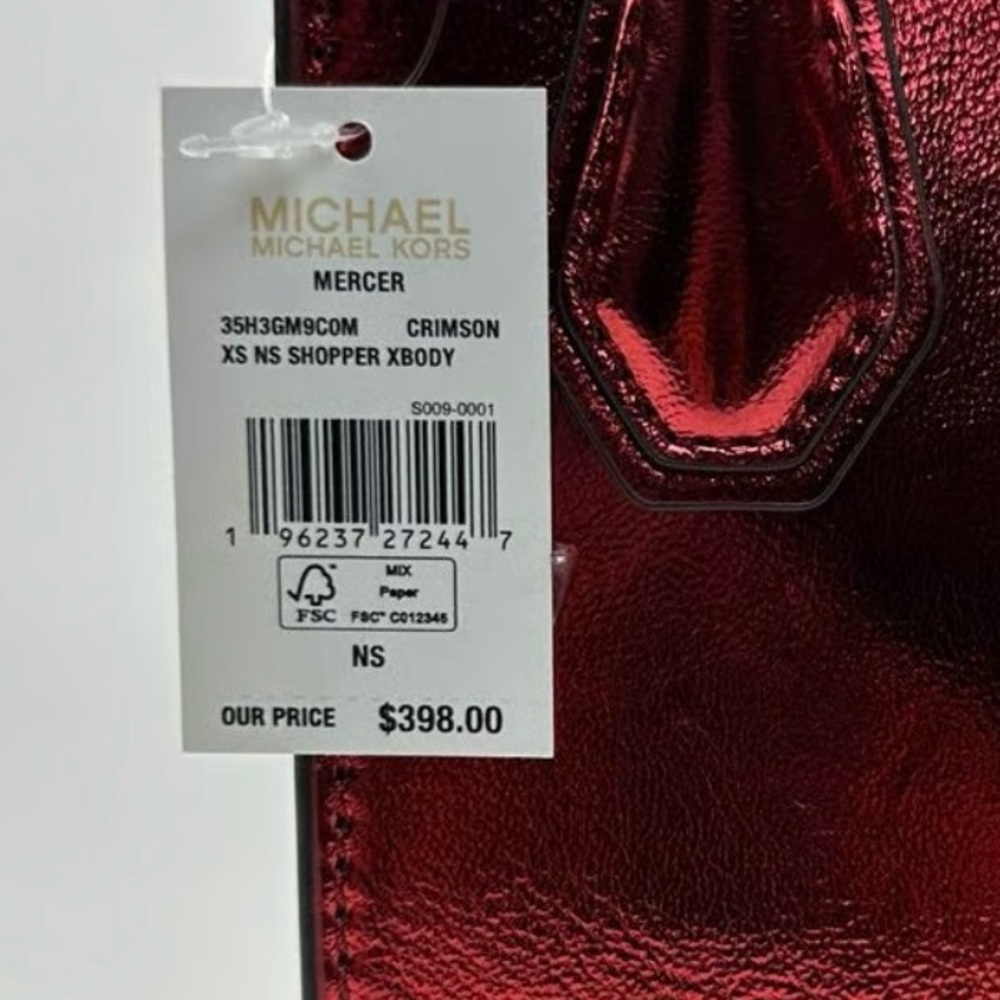 NWT Michael Kors Mercer XS North South Shopper Crossbody in Metallic Crimson Red - Picture 7 of 7